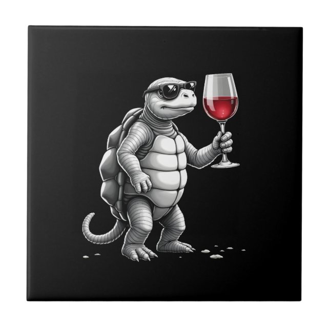 cool turtle drinking red wine art print_1 (2) ceramic tile (Front)