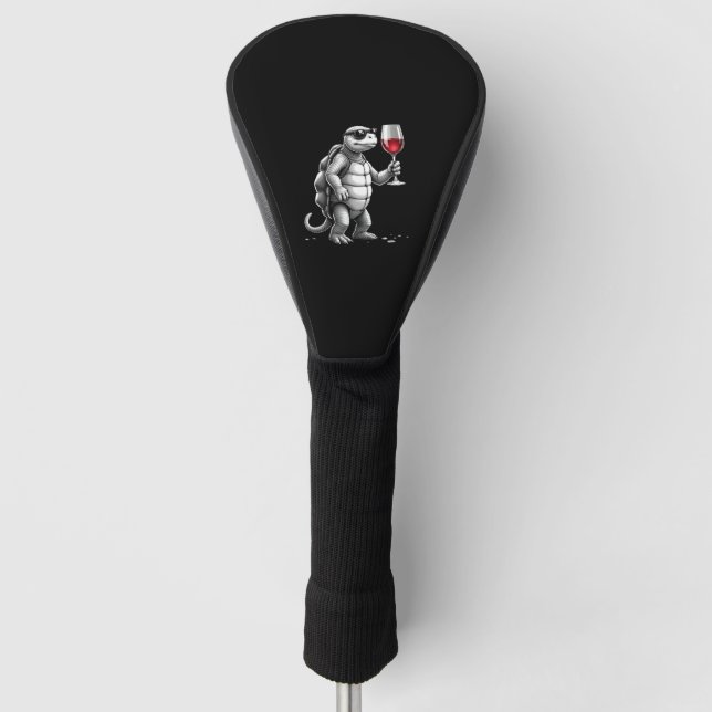 cool turtle drinking red wine art print_1 (2) golf head cover (Front)