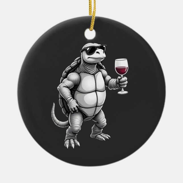 cool turtle drinking red wine art print_1 (3) ceramic ornament (Front)
