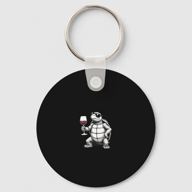 cool turtle drinking red wine art print_1 (4) key ring (Front)