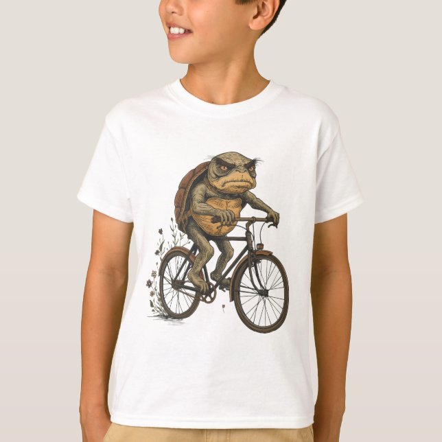 Cool Turtle on a Bicycle - Quirky Art Design T-Shirt (Front)
