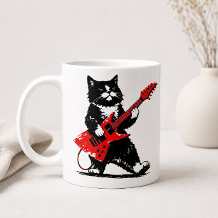 Cool Tuxedo Cat Playing Red Electric Guitar Coffee Mug