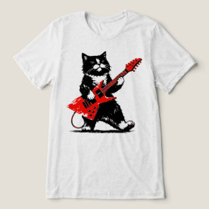 Cool Tuxedo Cat Playing Red Electric Guitar Tri-Blend Shirt