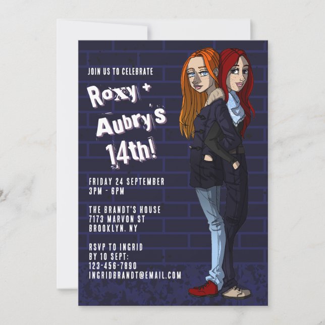Cool Twins Cartoon Teen Girls Joint 14th Birthday Invitation (Front)
