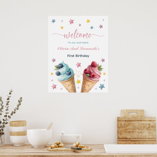 Cool Twins Ice Cream Birthday Party Welcome Poster (Kitchen)