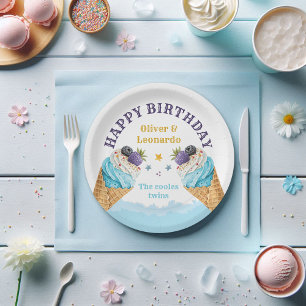 Cool Twins Ice Cream Boys Birthday Paper Plate