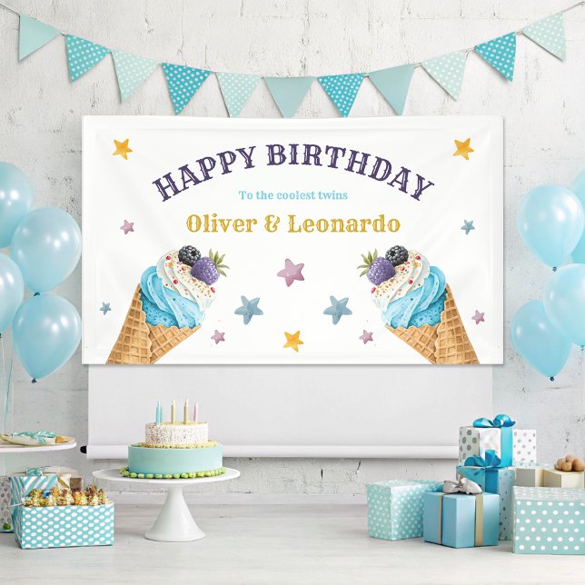 Cool Twins Ice Cream Boys Birthday Party Banner (Creator Uploaded)