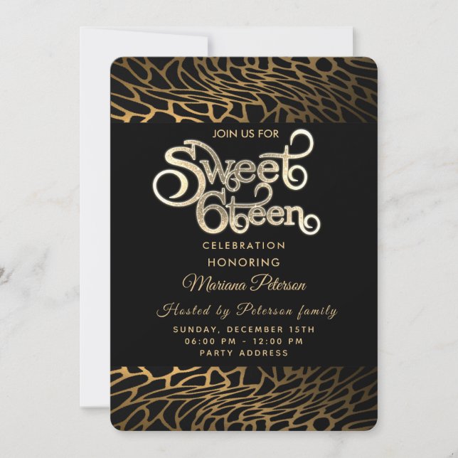Cool typography gold black  leopard sweet 16  invitation (Front)