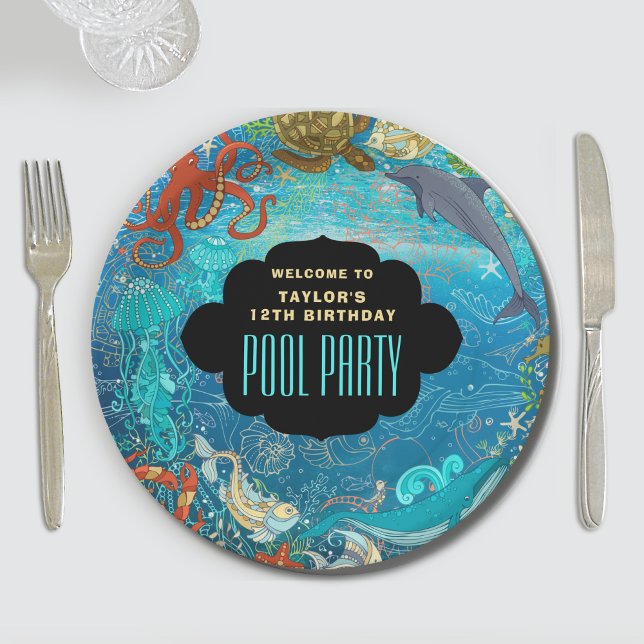 Cool Under the Sea Swimming Pool Party Birthday Paper Plate (Creator Uploaded)