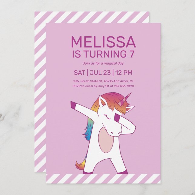 Cool Unicorn Dabbing Pink Purple Kids Birthday Invitation (Front/Back)