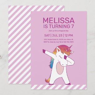 Cool Unicorn Dabbing Pink Purple Kids Birthday Invitation