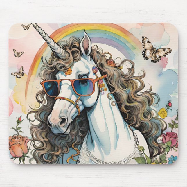Cool Unicorn in Sunglasses with Rainbow Mouse Pad (Front)