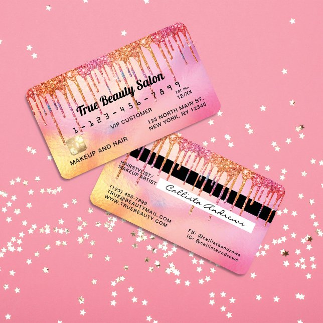 Cool Unicorn Pink Holographic Glitter Drips Credit Business Card (Creator Uploaded)