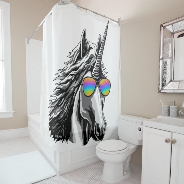 Cool unicorn with rainbow sunglass shower curtain (In Situ)