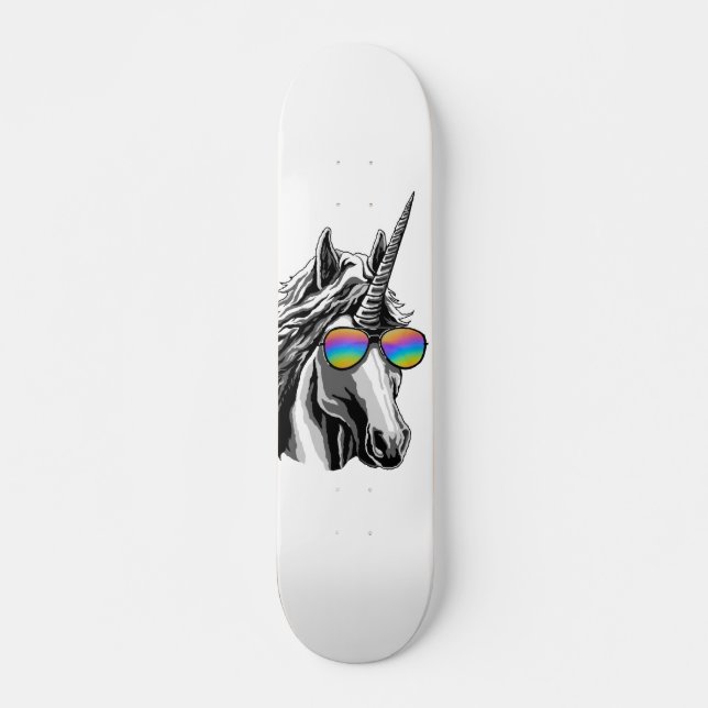 Cool unicorn with rainbow sunglasses skateboard (Front)