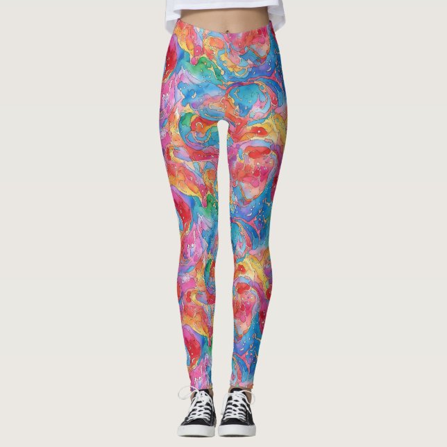 Cool Unique Red Blue Colourful Rainbow Watercolor  Leggings (Front)