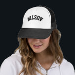 Cool Upside Down City Name Trendy Stylish Trucker Hat<br><div class="desc">Turn heads with this trendy upside-down city name trucker hat! Cool and stylish, this custom design is perfect for showing off your unique vibe. Personalise it with text to make it totally yours! *If your city name is longer than this and doesnt fit, please "Edit using Design Tool" in the...</div>