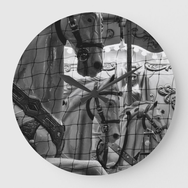 Cool, urban, modern photo of horses of carousel large clock (Front)