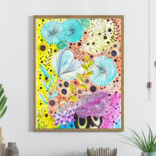 Cool Vibrant Whimsical Floral Hand-drawn Doodles Poster