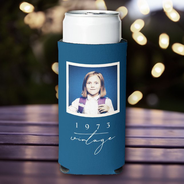Cool Vintage Birthday Party Script Photo Seltzer Can Cooler (Stylish, fun and cool vintage retro personalized can cooler!)