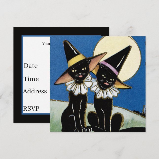 cool vintage black cat party  invitation (Front/Back)