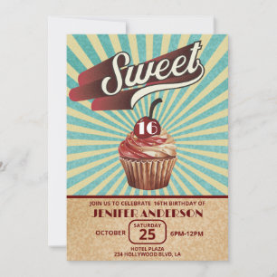 Cool vintage cupcake typography sweet 16 invitation