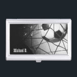 Cool Vintage Grunge Football in Goal Personalised Business Card Holder<br><div class="desc">For football coaches/players/lovers. Add custom text/name/number if desired. Original design by ©riverme*2012. Design is available on other products,  please search under the same title.</div>