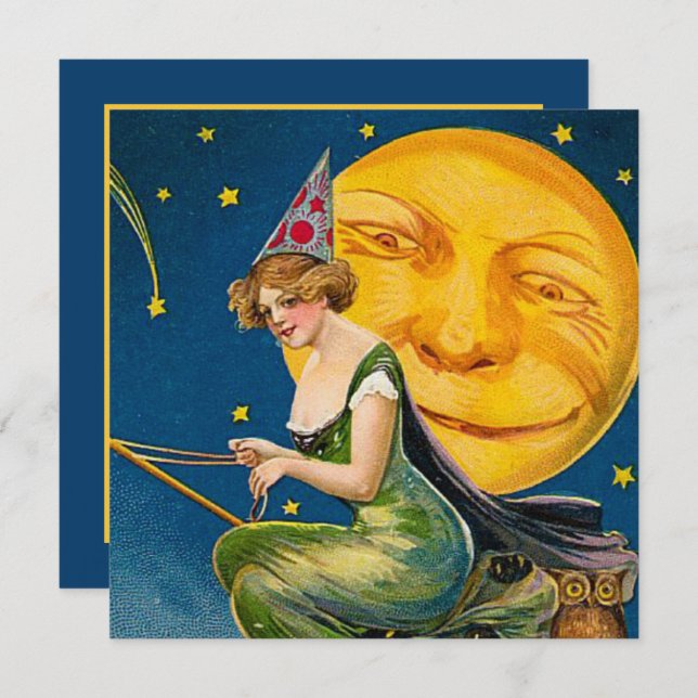 cool vintage Halloween witch moon party Invitation (Front/Back)