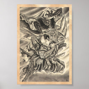 Cool vintage japanese demon samurai fight tattoo poster