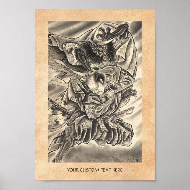 Cool vintage japanese demon samurai fight tattoo poster (Front)