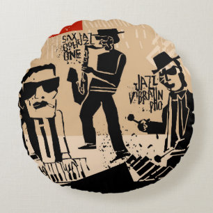 cool vintage of jazz band poster with trumpet play round cushion