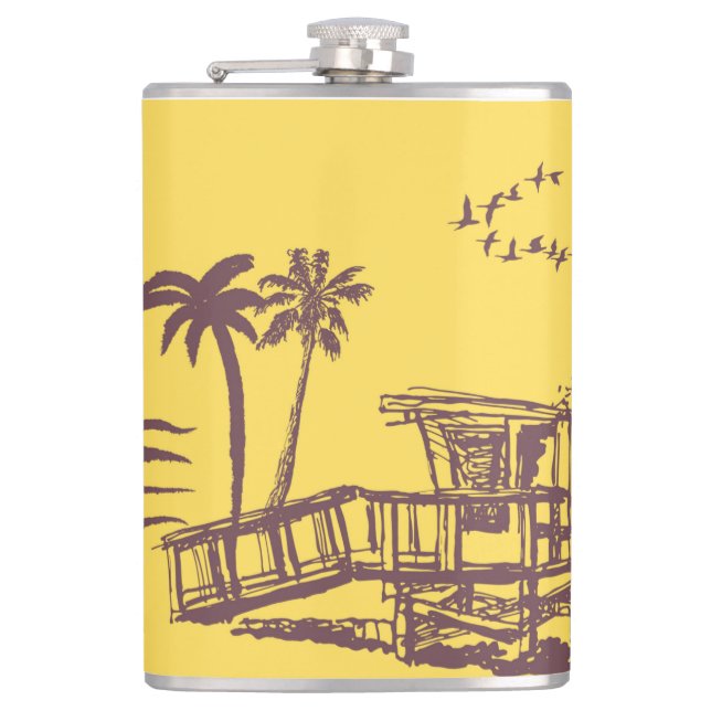 Cool Vintage Yellow Tropical Beach Sketch Hip Flask (Front)