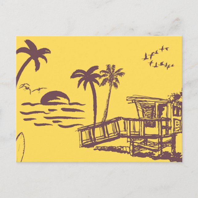 Cool Vintage Yellow Tropical Beach Sketch Holiday Postcard (Front)