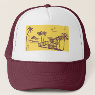 Cool Vintage Yellow Tropical Beach Sketch Trucker Hat