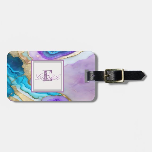 Cool Violet Blue Marble Texture, Monogram Luggage Tag (Front Horizontal)