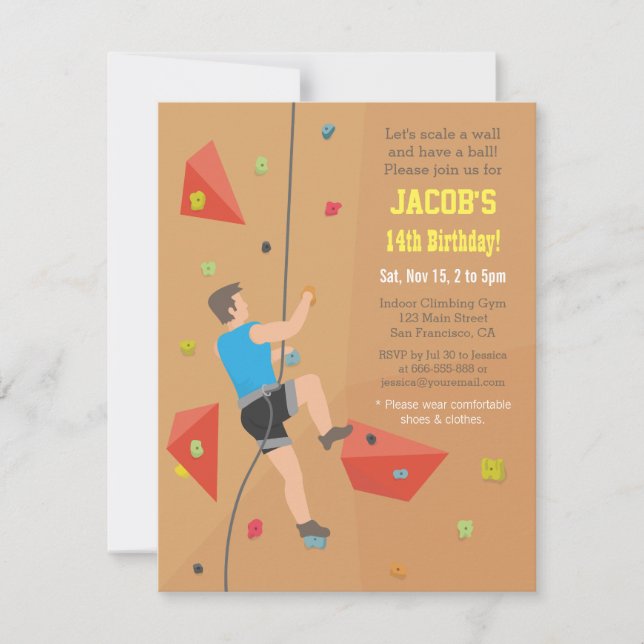 Cool Wall Rock Climbing Birthday Party Invitations (Front)