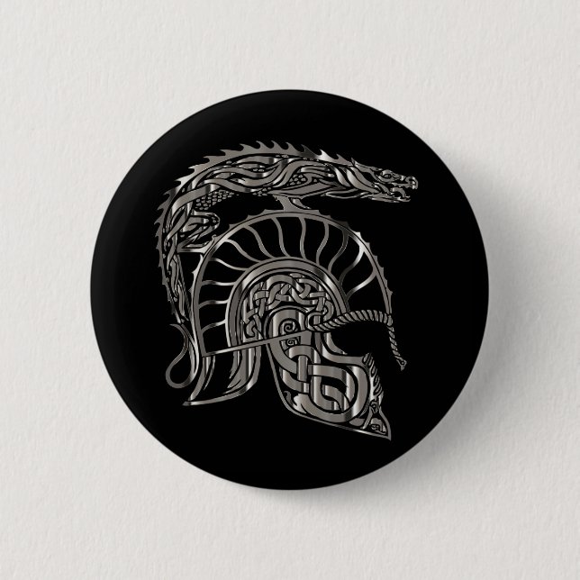Cool Warrior Metallic Dragon Helmet 6 Cm Round Badge (Front)
