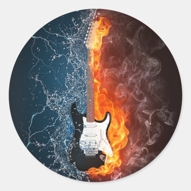 Cool Water and Fire Guitar Design Classic Round Sticker (Front)