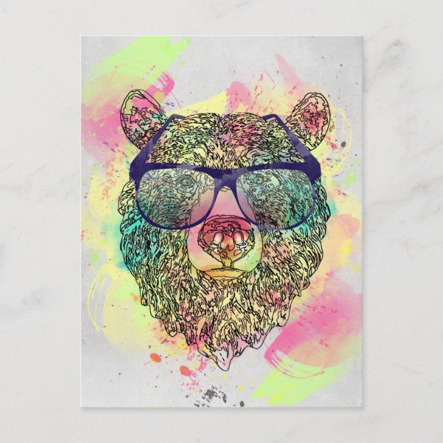 Cool watercolor bear with glasses design postcard (Front)