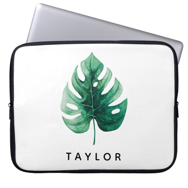 Cool Watercolor Green Tropical Monstera Leaf Laptop Sleeve (Front)