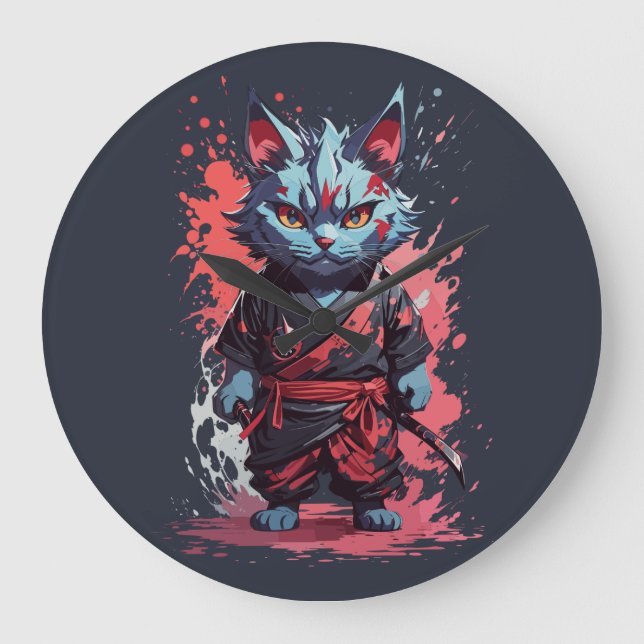 Cool Watercolor Grey Ninja Cat Warrior Large Clock (Front)
