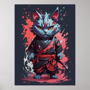 Cool Watercolor Grey Ninja Cat Warrior Poster