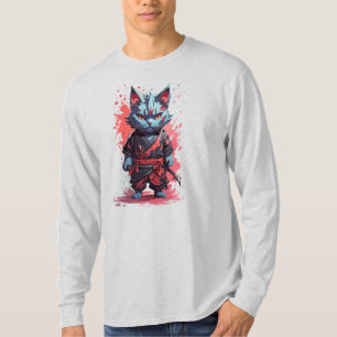 Cool Watercolor Grey Ninja Cat Warrior T-Shirt