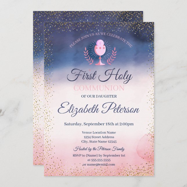 Cool Watercolor Paint Splash First Holy Communion Invitation (Front/Back)