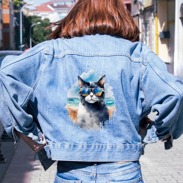 Cool Watercolor Summer Cat Denim Jacket (Creator Uploaded)