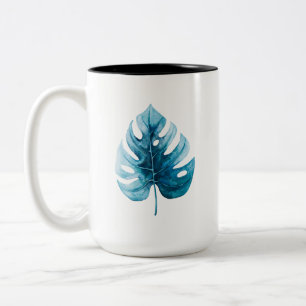 Cool Watercolor Tropical Monstera Blue Leaf Two-Tone Coffee Mug