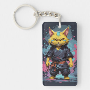 Cool Watercolor Yellow Ninja Cat Warrior Key Ring