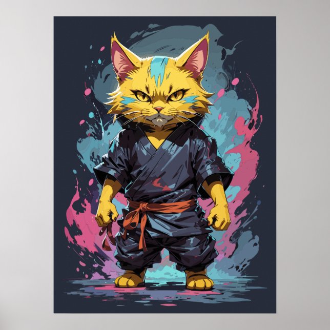 Cool Watercolor Yellow Ninja Cat Warrior Poster (Front)