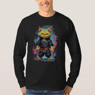 Cool Watercolor Yellow Ninja Cat Warrior T-Shirt