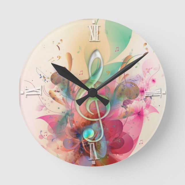 Cool watercolours treble clef music notes swirls round clock (Front)